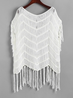 Distressed Crochet Tassel Batwing Sleeve Cover Up M White
