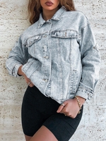 Distressed Frayed Button Up Denim Jacket L Blue