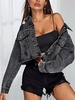 Distressed Frayed Drop Shoulder Denim Jacket L Dark gray