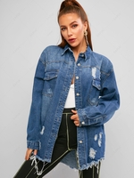 Distressed Frayed Raw Cut Boyfriend Denim Coat M Blue