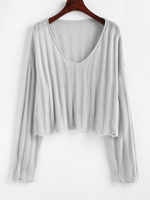 Distressed Frayed V Neck Sweater M Gray