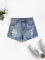 Distressed Frayed Zipper Fly Jean Shorts M Blue