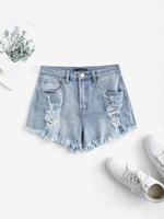 Distressed Frayed Zipper Fly Jean Shorts M Light blue
