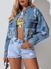 Distressed Fringed Drop Shoulder Denim Jacket M Blue