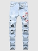 Distressed Long Floral Embroidery Ripped Jeans 40 Jeans blue