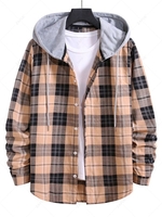 Drawstring Plaid Print Button Up Hooded Shirt S Apricot