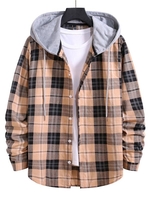 Drawstring Plaid Print Button Up Hooded Shirt Xl Apricot