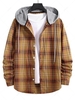 Drawstring Plaid Print Button Up Hooded Shirt Xl Bee yellow