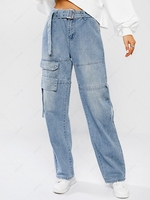Drawstring Pocket Belted Straight Jeans S Blue