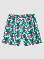 Drawstring Pockets Palm Tree Flamingo Vacation Shorts S Greenish blue
