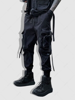 Drawstring Push Buckle Embellished Pocket Techwear Cargo Jogger Pants S Black