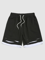 Drawstring Ripped Contrast Sports Sweat Shorts S Black