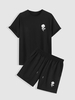 Drawstring Shorts and Rose Print Short Sleeve T Shirt Set Black
