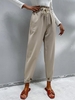 Drawstring Slant Pockets Tapered Paperbag Pants L Light coffee