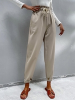 Drawstring Slant Pockets Tapered Paperbag Pants L Light coffee