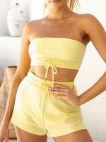 Drawstring Solid Bandeau Top and Shorts Set L Light yellow