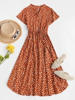 Drawstring Spotted Print Half Buttoned Midi Dress S Red