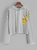 Drawstring Stripes Floral Embroidered Patched Hoodie L White