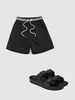 Drawstring Sweat Shorts With Buckle Slippers Black