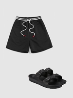 Drawstring Sweat Shorts With Buckle Slippers Black