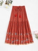 Drawstring Tasseled Bohemian Floral Maxi Skirt M Red