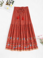 Drawstring Tasseled Bohemian Floral Maxi Skirt M Red
