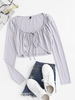 Drawstring Tie Ribbed Cropped Cardigan M Light gray