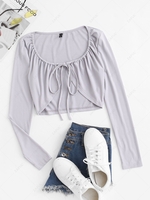 Drawstring Tie Ribbed Cropped Cardigan S Light gray