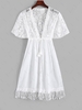 Drawstring Tie Waist Lace Insert Fringed Cover Up White