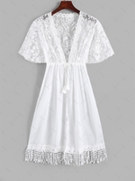 Drawstring Tie Waist Lace Insert Fringed Cover Up White