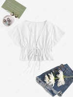Drawstring Tied Plunge Ruched Blouse S White