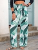 Drawstring Tropical Leaf Print Wide Leg Pants M Green