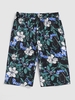 Drawstring Tropical Plant Print Beach Shorts L Black