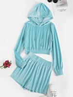 Drawstring Velvet Lounge Two Piece Set L Light blue