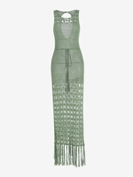 Drawstring Waist Thigh Split Openwork Crochet Dress L Green
