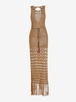 Drawstring Waist Thigh Split Openwork Crochet Dress Xl Coffee