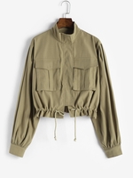 Drawstring Zip Up Flap Pockets Cargo Jacket L Light green