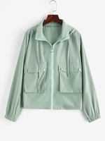 Drawstring Zip Up Windbreaker Cargo Jacket M Light green
