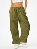 Drawstring Zipper Fly Low Waisted Wide Leg Parachute Pants L Deep green