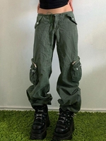 Drawstring Zipper Fly Wide Leg Cargo Pants L Deep green