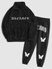 DREAMER Embroidered Fluffy Pullover Jacket and Butterflies Graphic Jogger Pants Set Black