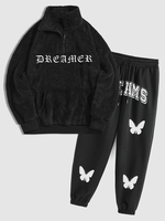 DREAMER Embroidered Fluffy Pullover Jacket and Butterflies Graphic Jogger Pants Set Black