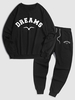 DREAMS and Bird Printed Sweatshirt and Jogger Sweatpants Black
