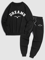 DREAMS and Bird Printed Sweatshirt and Jogger Sweatpants Black