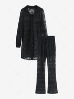 Dress Over Pants Sheer Lace Button Down Shirt and Pants L Black