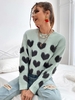 Drop Shoulder Allover Heart Graphic Sweater S Green