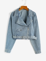 Drop Shoulder Belted Biker Denim Jacket L Blue