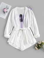 Drop Shoulder Belted Crinkle Shorts Set L White