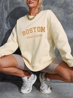 Drop Shoulder Boston Print Thermal Lined Sweatshirt L Light coffee
