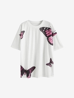 Drop Shoulder Butterfly Print Oversized T Shirt Xl White